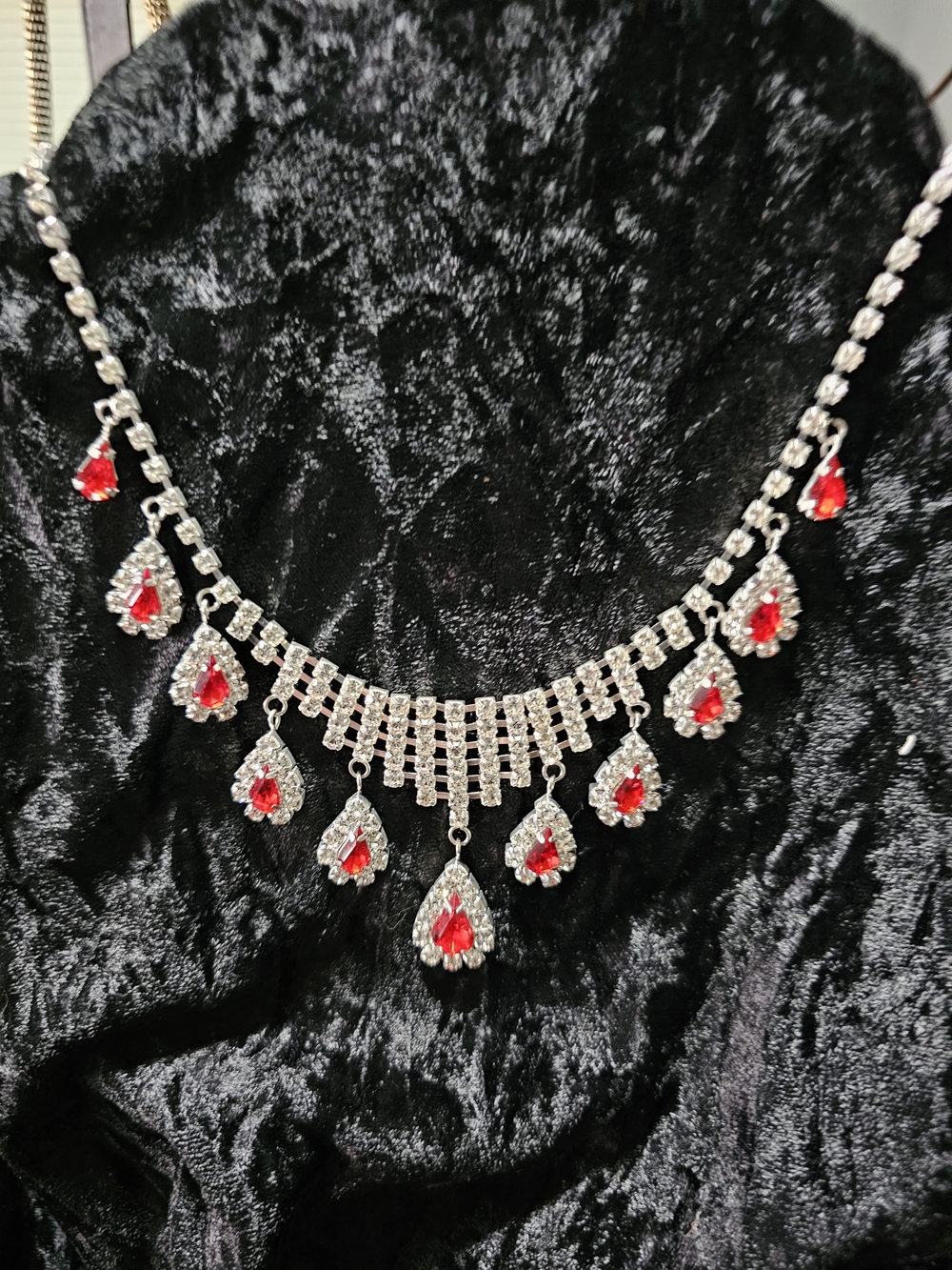 Silver-Tone Red/0range  Teardrop Crystal Necklace - Women Jewelry